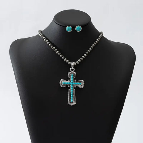 Turquoise Cross Necklace/Earring Set