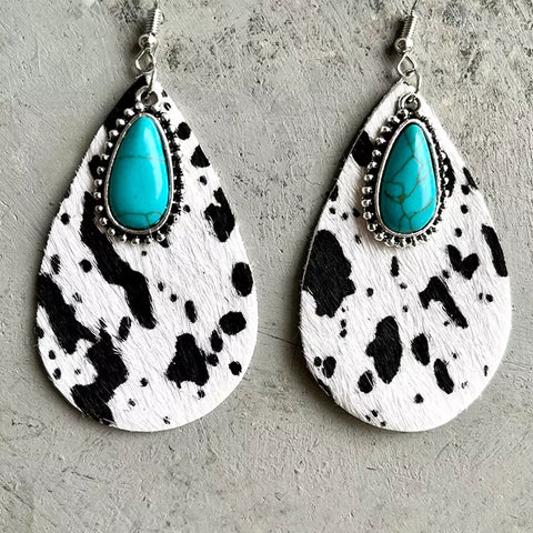 Black/White Cowhide/Turquoise Stone Earrings
