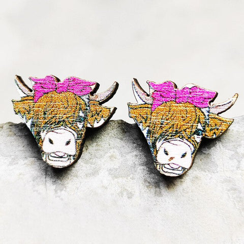 Wooden Highland Cow Post Earrings