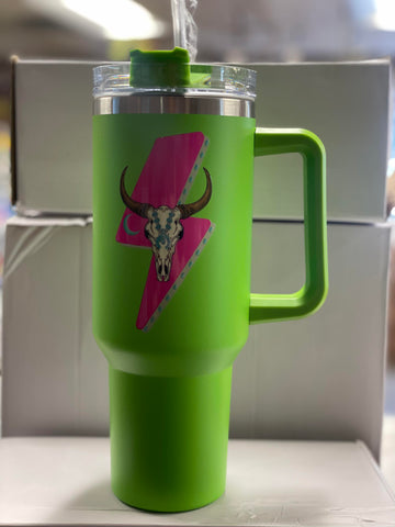 Lime Western Bull Skull Lightening Tumbler