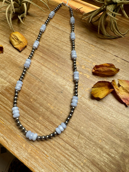 Blue Lace Agate & Sterling Silver Pearl Necklace – 20 ½” Plus Extender