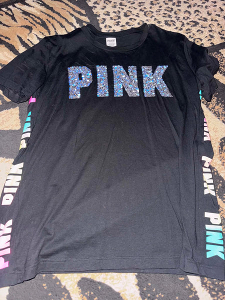 NWOT Silver Sequin Pink Tee W/Color Contrast down Side-LARGE