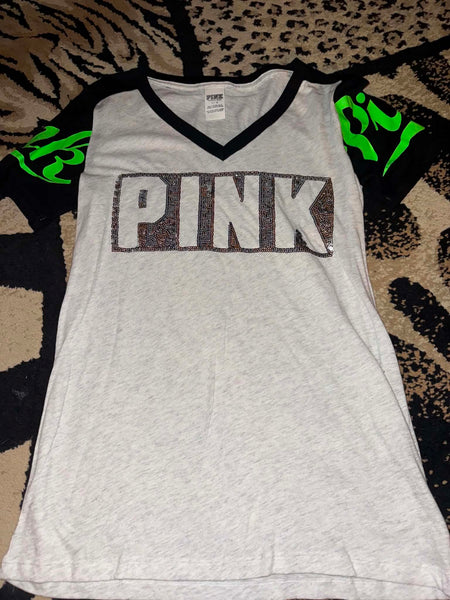 NWOT Neon Green, Black Sequin Pink VS Tee-LARGE
