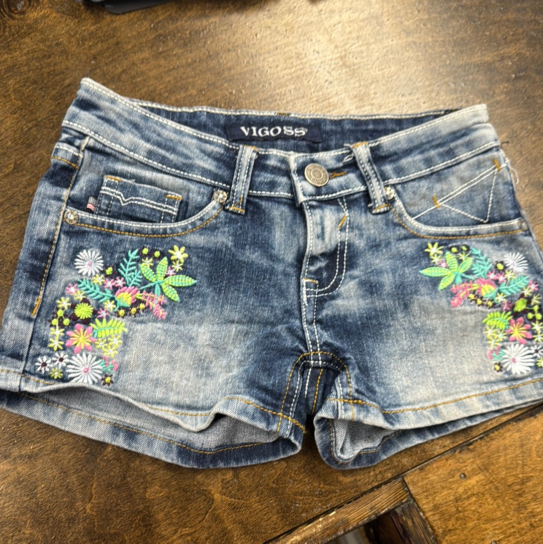 Neon Embroider Floral Girls Denim Shorts
