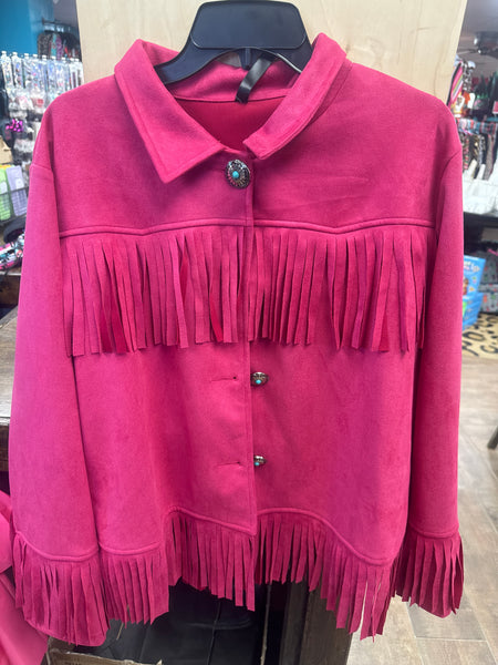 Pink Flamingo Fringe Rhinestone Faux Suede Jacket