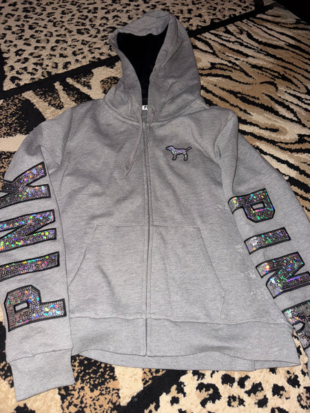 NWOT Sequin Sleeve Grey Zip Hoodie-LARGE