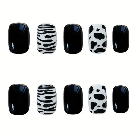 Black & White Cow & Zebra Print False Nails