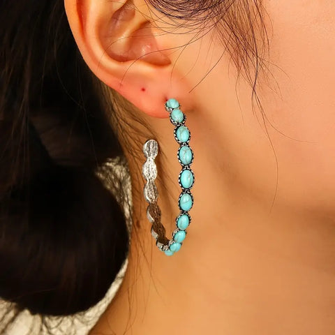 Turquoise Stone C Hoop Earrings