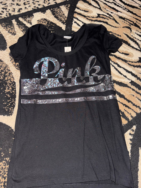 NWT Sequin Pink Black Tee-LARGE