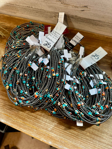 Mixed Turquoise & Spiny Oyster Necklace – 3mm Sterling Silver Pearls
