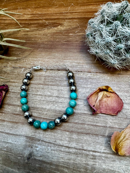 8 mm Sterling Silver Pearls bracelet with round turquoise