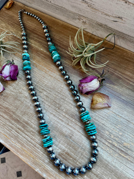 NFR Collection Necklace – 8mm, 10mm & 14mm Sterling Silver Pearls with Turquoise – Handmade by The Bijoux FAB – 37"