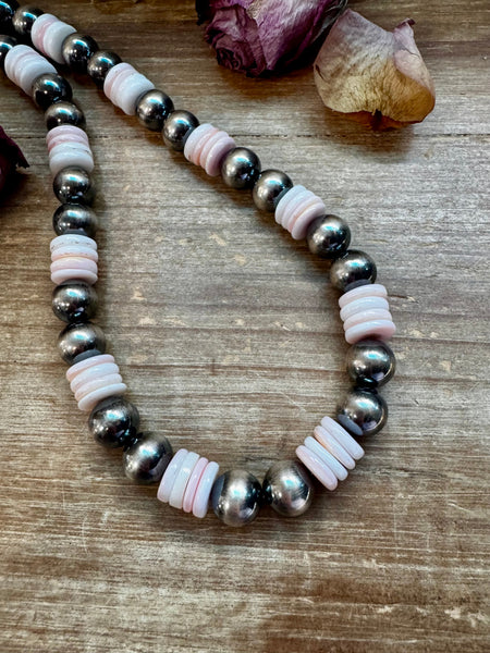 NFR Collection Necklace – 12mm Sterling Silver Pearls with 10mm Pink Conch Rondelles – Handmade by The Bijoux FAB – 30"