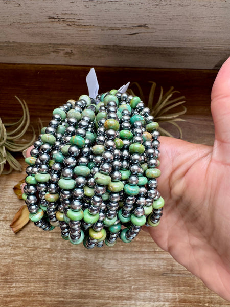 Sterling Silver Pearls with Green Turquoise Rondelles Bracelet