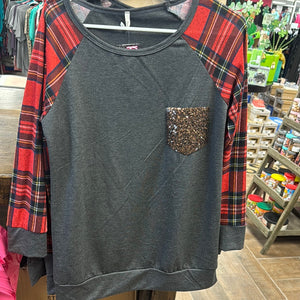 Charcoal Plaid Sequin Pocket Top