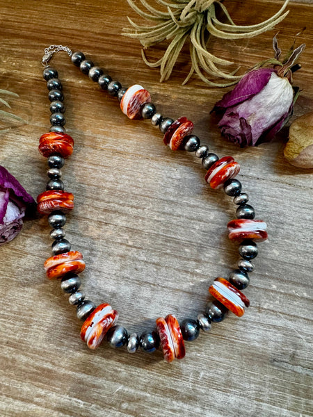 NFR Collection Necklace – 10mm Sterling Silver Pearls with 20mm Red Spiny Oyster – Handmade by The Bijoux FAB – 19"