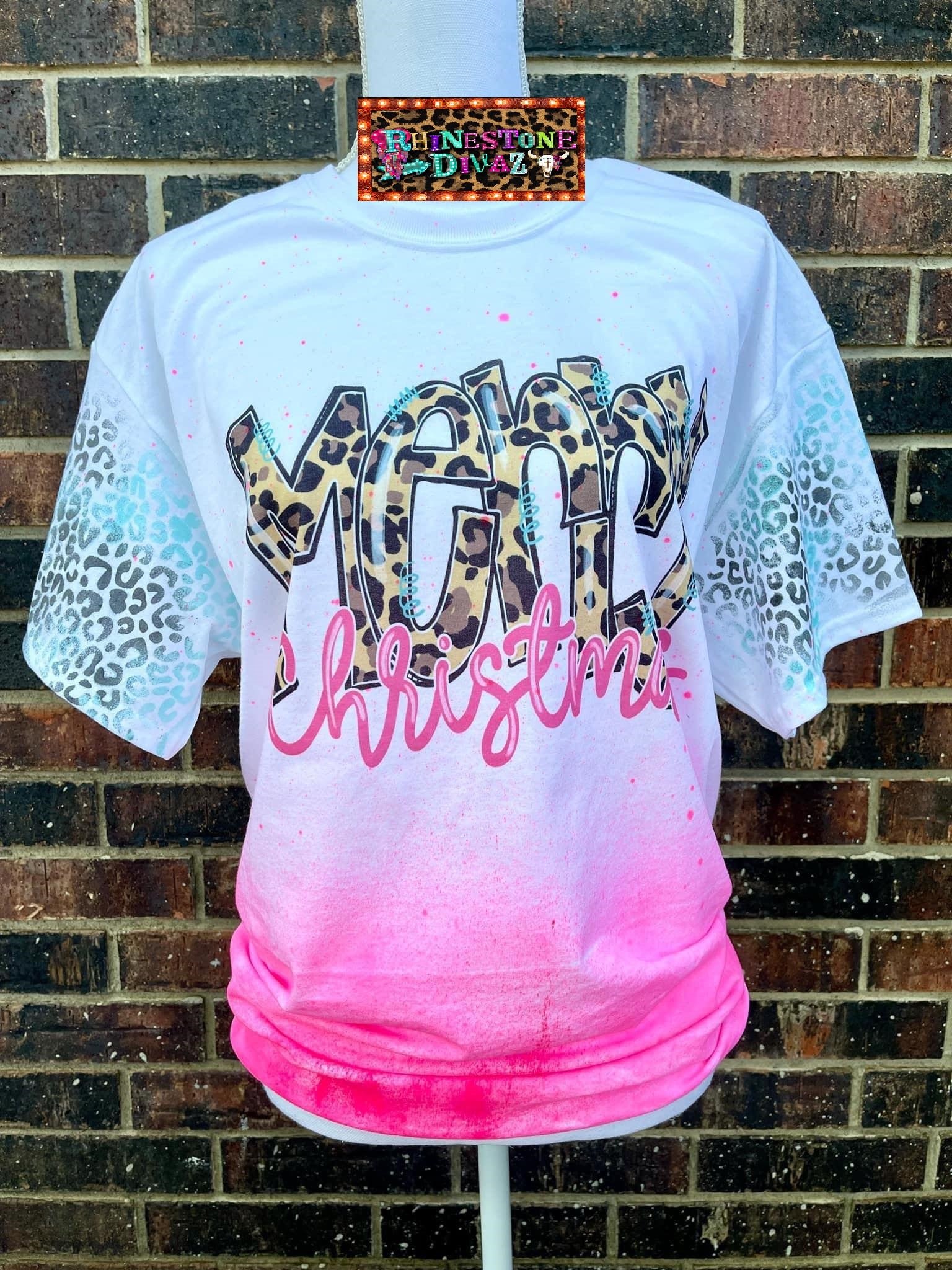 Bleached Pink Leopard Merry Christmas Tee