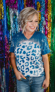 Blue Bleached Leopard Vneck Tee