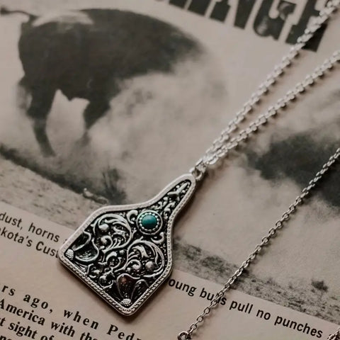 Turquoise Engraved Cow Tag Necklace