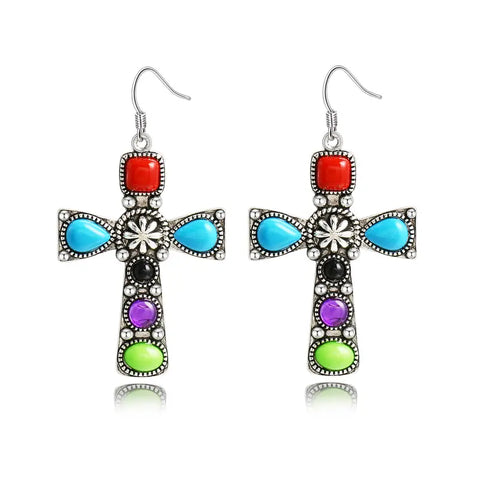 Colorful Stone Cross Earrings