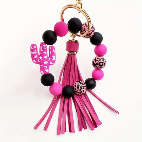 Pink/Black Cactus Silicone Keyring