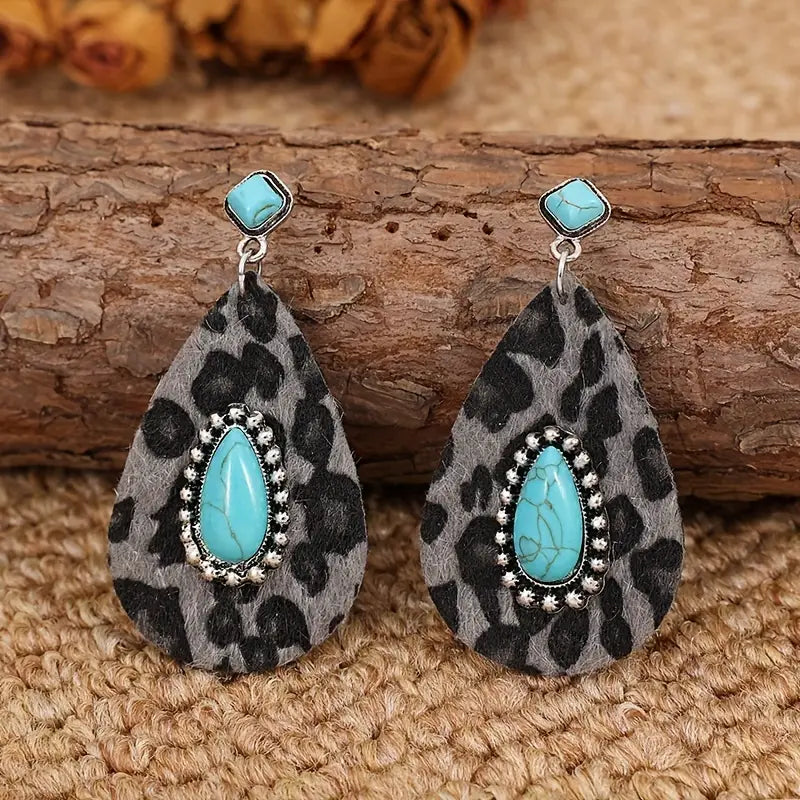 Grey Leopard Turquoise Earrings