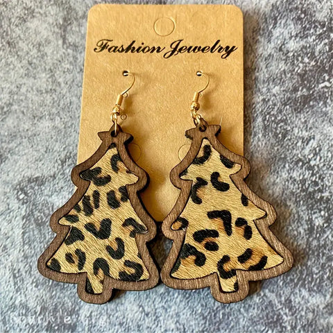Wooden Leopard Hair On Hide Christmas Tree Earrings