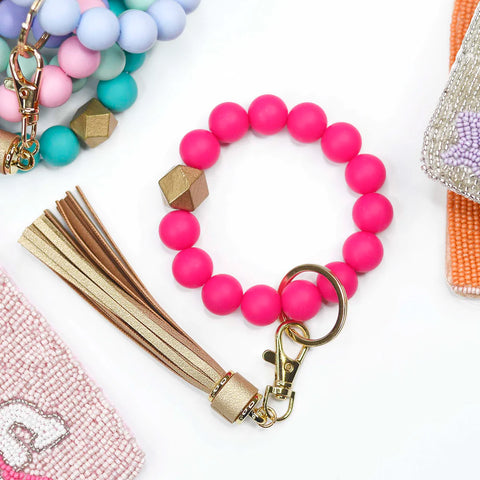 Hot Pink with Gold Silicone Beaded Keychain Keyring