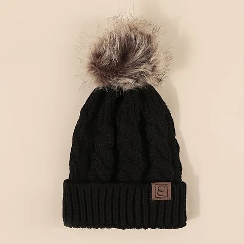 Black Cable Knit Pom Beanie