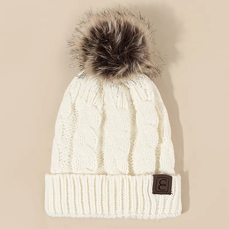 White Cable Knit Pom Beanie