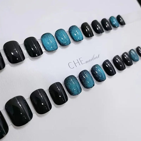 Cat Eye Black/Blue Gradient Effect Fake Nails
