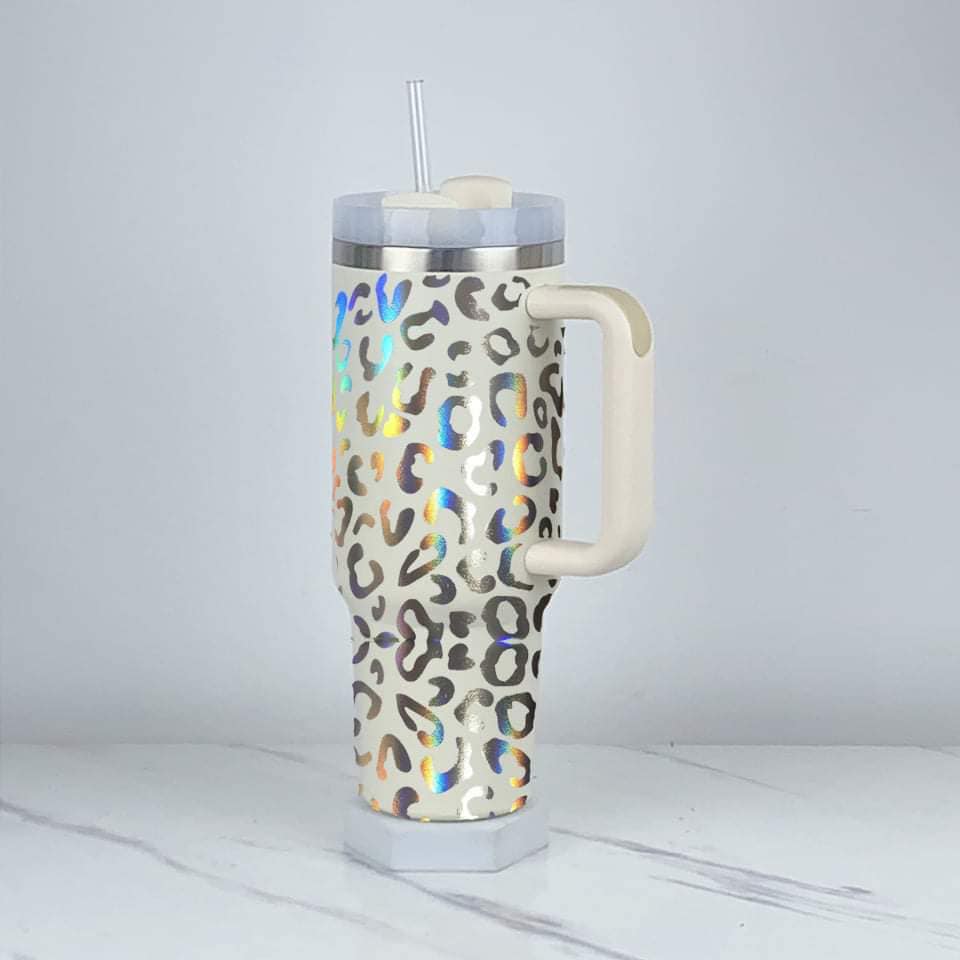 Holographic White Leopard Tumbler