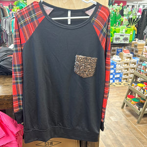 Black Plaid Sequin Pocket Top