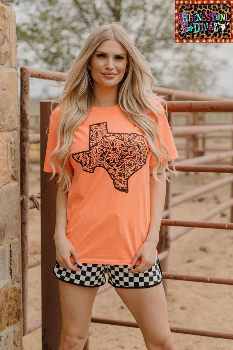 TOOLED IN TEXAS NEON CORAL TEE