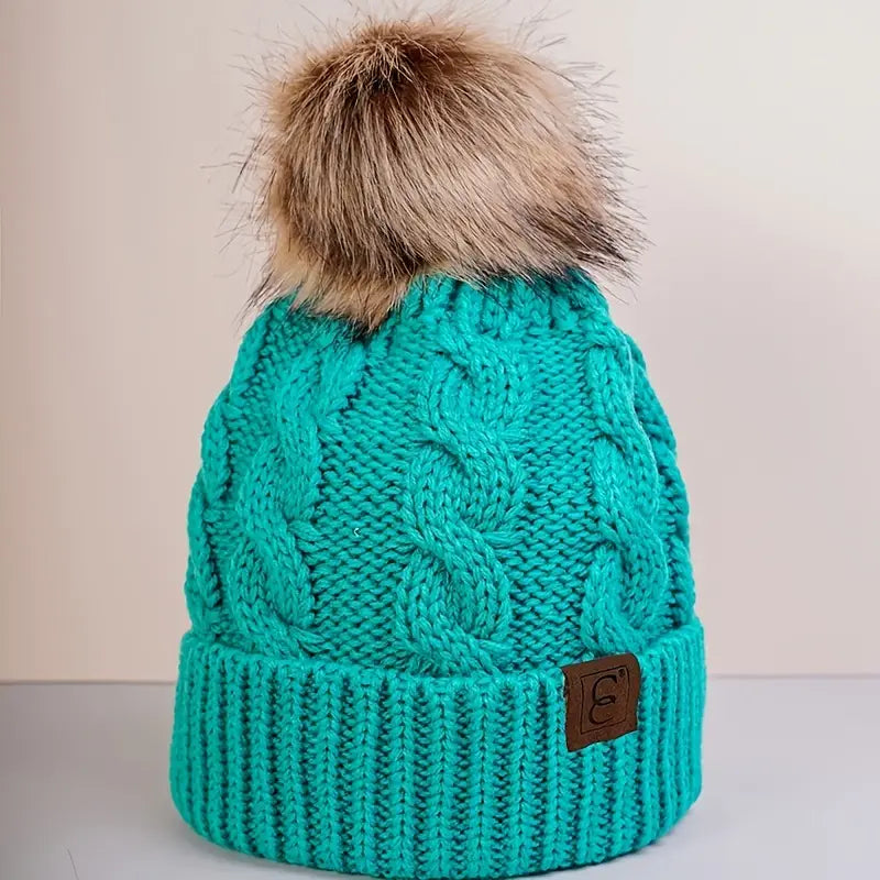 Teal Cable Knit Pom Beanie