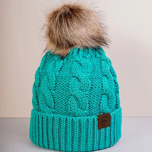 Teal Cable Knit Pom Beanie