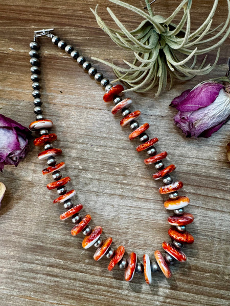 NFR Collection Necklace – 8mm Sterling Silver Pearls with 16mm Spiny Oyster Rondelle – Handmade by The Bijoux FAB – 20"
