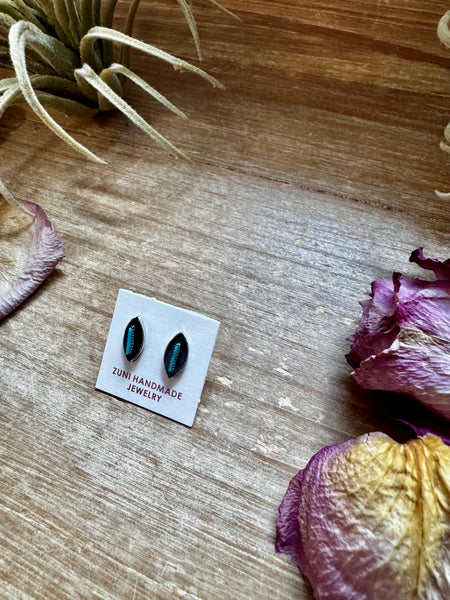 Mini Inlay Earrings – Kingman Turquoise – Sterling Silver – Zuni Made