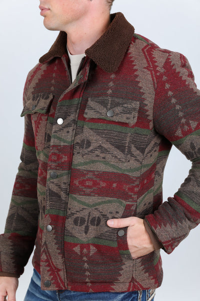 Mens Ethnic Aztec Quilted Fur Lined Jacket - Burgundy