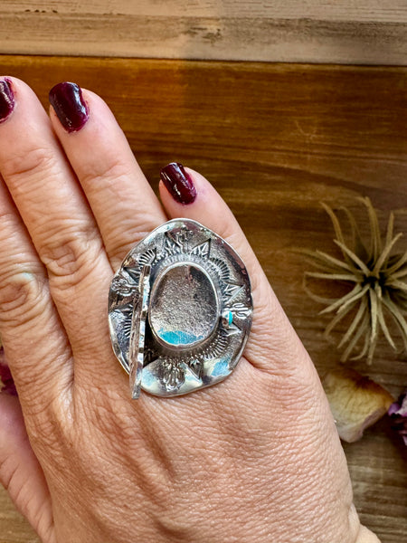 Adjustable Cowboy Hat Ring – Kingman Turquoise – Sterling Silver – Navajo Handmade by Robby Manuelito – USA