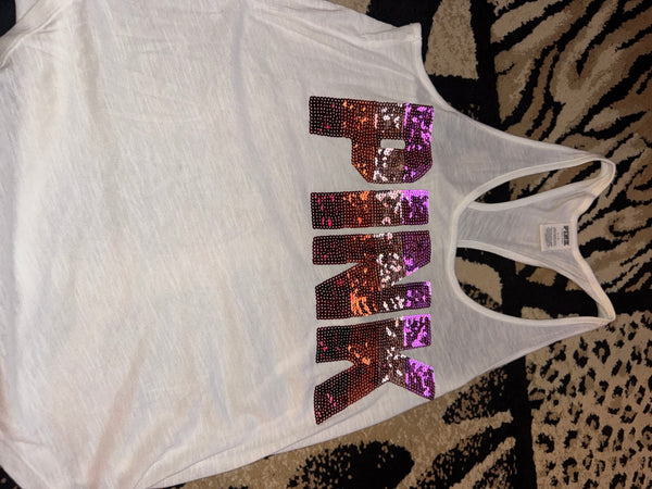 NWOT White Colorful Sunset sequin Tank-LARGE