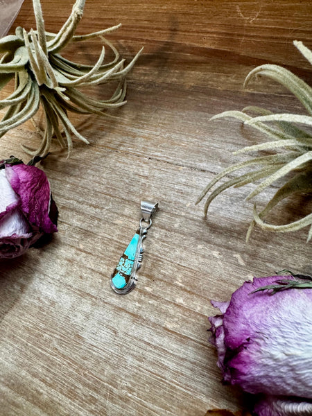 Teardrop Pendant with Kingman Turquoise – Sterling Silver – Native Made by SF – Fits 5mm