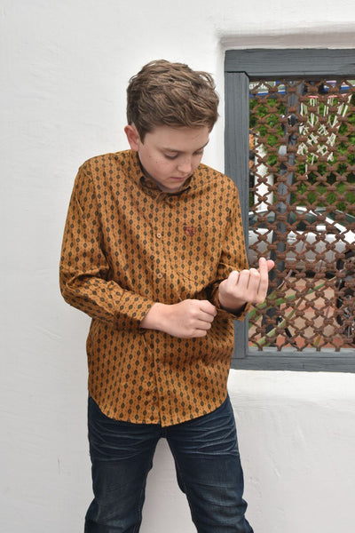 Kid's Cotton Gold Aztec Digital Print Dress Shirt
