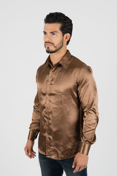 Men's Satin Brown Dress Shirt