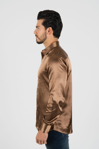 Men's Satin Brown Dress Shirt