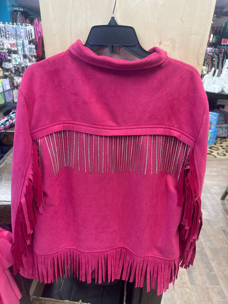 Pink Flamingo Fringe Rhinestone Faux Suede Jacket
