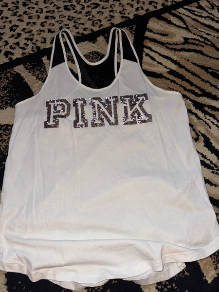 White/Black Pink Sequin VS Tank-LARGE