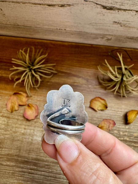 Adjustable Ring – Pink Dahlia Stone – Sterling Silver – Tia Long Navajo Handmade