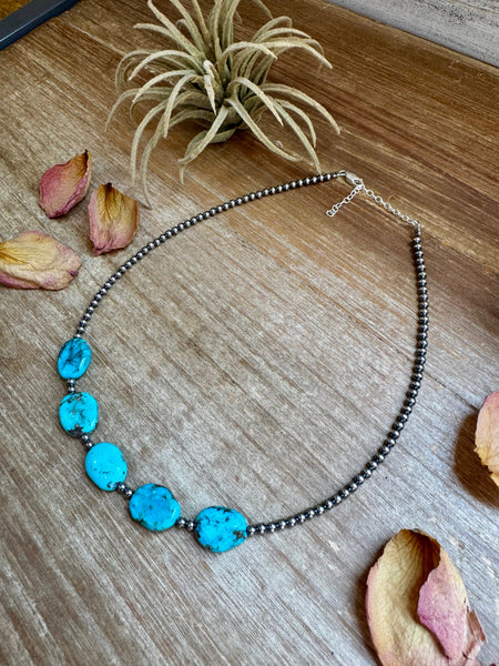 15-Inch Flat Blue Turquoise & Sterling Silver Pearl Choker
