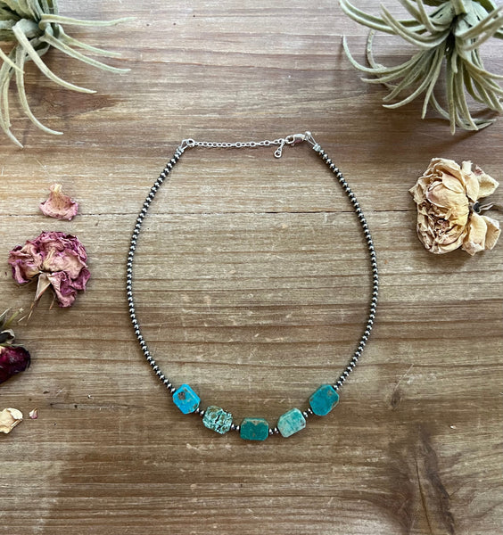 3 mm Sterling Silver Pearls choker with flat turquoise